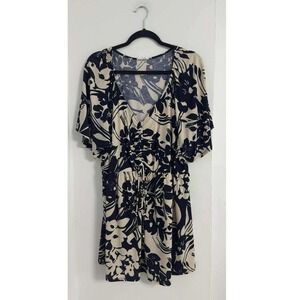 Floral Babydoll Dress Plus Size 2XL Navy Cream Ruched Empire Boho SPLA